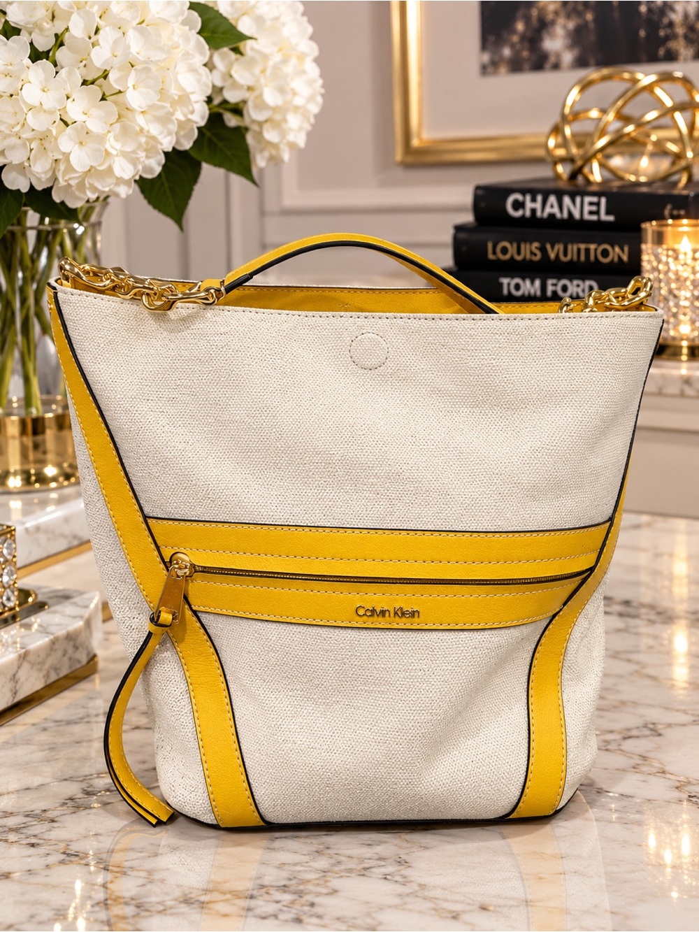 Calvin Klein Canbad bag with gold chain and yellow trim
